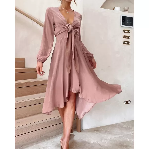 imageBTFBM Womens Satin Deep V Neck Summer Dresses Short Sleeve Tie Front High Waist Flowy Ruffle ALine Midi Cocktail DressLong Solid Dusty Pink