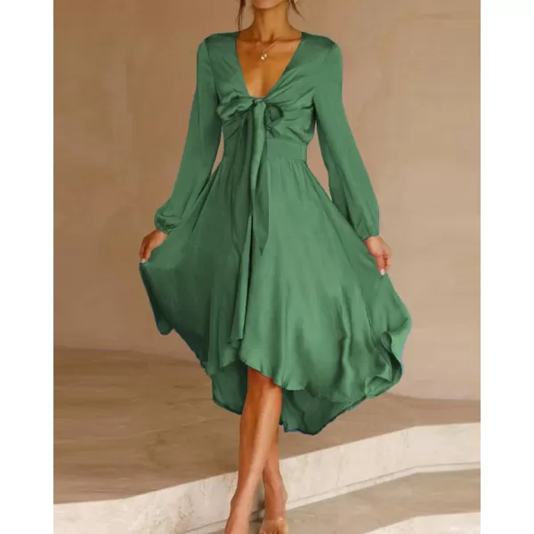 imageBTFBM Womens Satin Deep V Neck Summer Dresses Short Sleeve Tie Front High Waist Flowy Ruffle ALine Midi Cocktail DressLong Solid Green