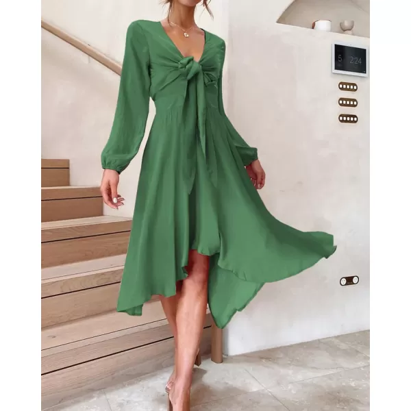 imageBTFBM Womens Satin Deep V Neck Summer Dresses Short Sleeve Tie Front High Waist Flowy Ruffle ALine Midi Cocktail DressLong Solid Green