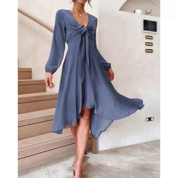 imageBTFBM Womens Satin Deep V Neck Summer Dresses Short Sleeve Tie Front High Waist Flowy Ruffle ALine Midi Cocktail DressLong Solid Grey Blue