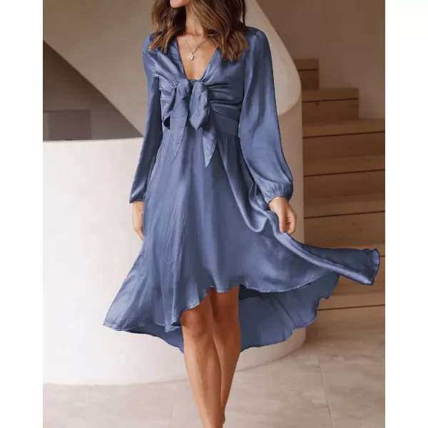 imageBTFBM Womens Satin Deep V Neck Summer Dresses Short Sleeve Tie Front High Waist Flowy Ruffle ALine Midi Cocktail DressLong Solid Grey Blue