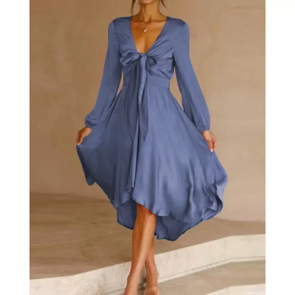 imageBTFBM Womens Satin Deep V Neck Summer Dresses Short Sleeve Tie Front High Waist Flowy Ruffle ALine Midi Cocktail DressLong Solid Grey Blue