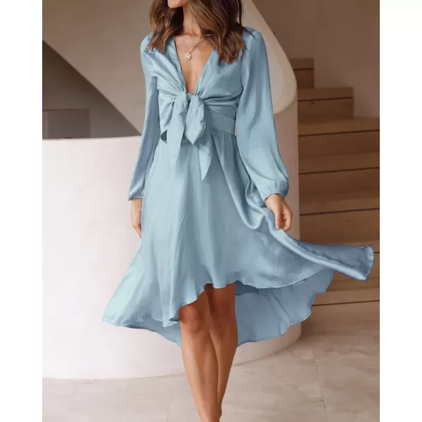 imageBTFBM Womens Satin Deep V Neck Summer Dresses Short Sleeve Tie Front High Waist Flowy Ruffle ALine Midi Cocktail DressLong Solid Light Blue