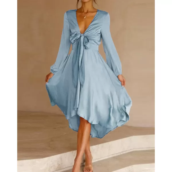 imageBTFBM Womens Satin Deep V Neck Summer Dresses Short Sleeve Tie Front High Waist Flowy Ruffle ALine Midi Cocktail DressLong Solid Light Blue