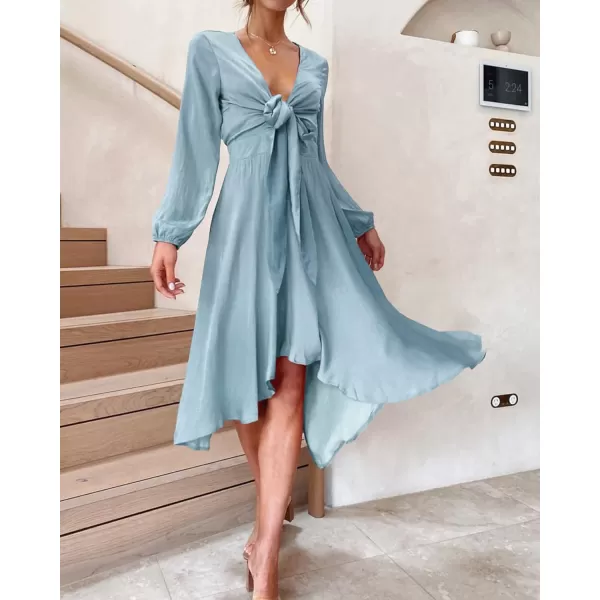 imageBTFBM Womens Satin Deep V Neck Summer Dresses Short Sleeve Tie Front High Waist Flowy Ruffle ALine Midi Cocktail DressLong Solid Light Blue