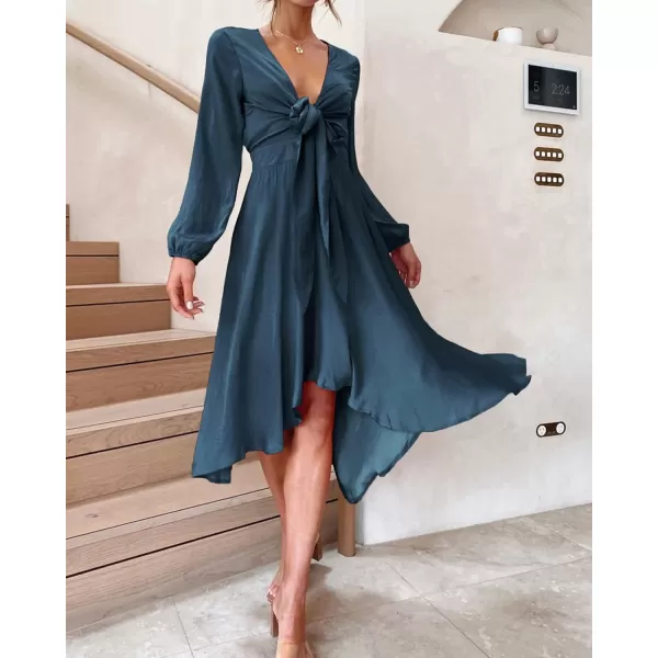 imageBTFBM Womens Satin Deep V Neck Summer Dresses Short Sleeve Tie Front High Waist Flowy Ruffle ALine Midi Cocktail DressLong Solid Navy