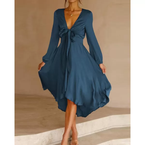 imageBTFBM Womens Satin Deep V Neck Summer Dresses Short Sleeve Tie Front High Waist Flowy Ruffle ALine Midi Cocktail DressLong Solid Navy