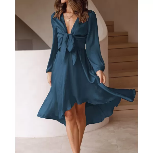 imageBTFBM Womens Satin Deep V Neck Summer Dresses Short Sleeve Tie Front High Waist Flowy Ruffle ALine Midi Cocktail DressLong Solid Navy
