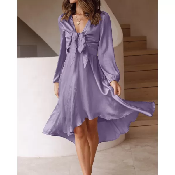 imageBTFBM Womens Satin Deep V Neck Summer Dresses Short Sleeve Tie Front High Waist Flowy Ruffle ALine Midi Cocktail DressLong Solid Purple