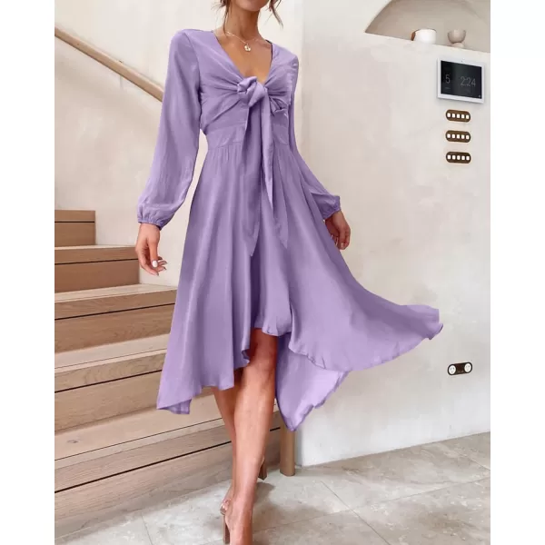 imageBTFBM Womens Satin Deep V Neck Summer Dresses Short Sleeve Tie Front High Waist Flowy Ruffle ALine Midi Cocktail DressLong Solid Purple