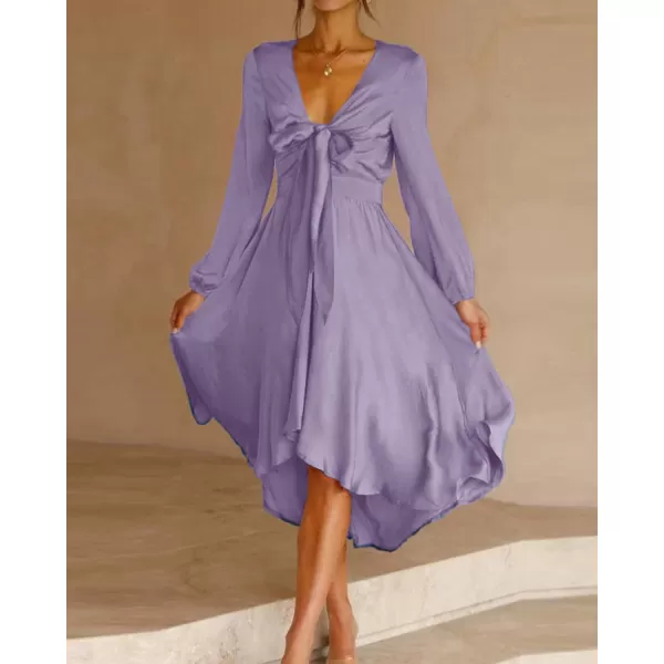 imageBTFBM Womens Satin Deep V Neck Summer Dresses Short Sleeve Tie Front High Waist Flowy Ruffle ALine Midi Cocktail DressLong Solid Purple