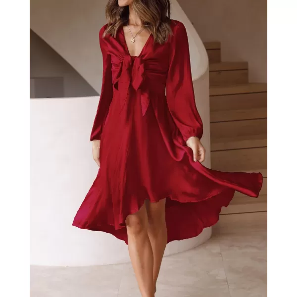 imageBTFBM Womens Satin Deep V Neck Summer Dresses Short Sleeve Tie Front High Waist Flowy Ruffle ALine Midi Cocktail DressLong Solid Red