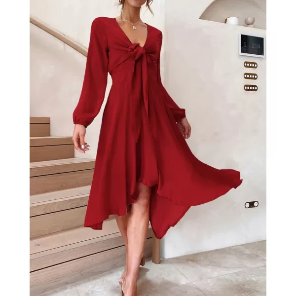imageBTFBM Womens Satin Deep V Neck Summer Dresses Short Sleeve Tie Front High Waist Flowy Ruffle ALine Midi Cocktail DressLong Solid Red