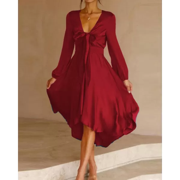 imageBTFBM Womens Satin Deep V Neck Summer Dresses Short Sleeve Tie Front High Waist Flowy Ruffle ALine Midi Cocktail DressLong Solid Red