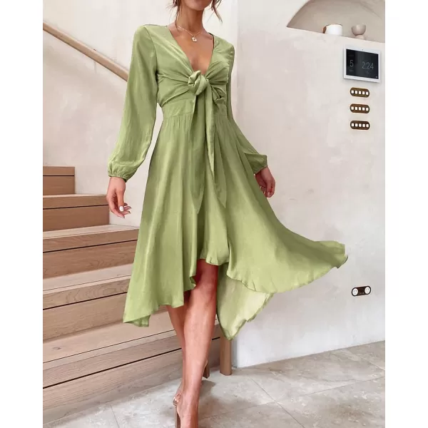 imageBTFBM Womens Satin Deep V Neck Summer Dresses Short Sleeve Tie Front High Waist Flowy Ruffle ALine Midi Cocktail DressLong Solid Tender Green
