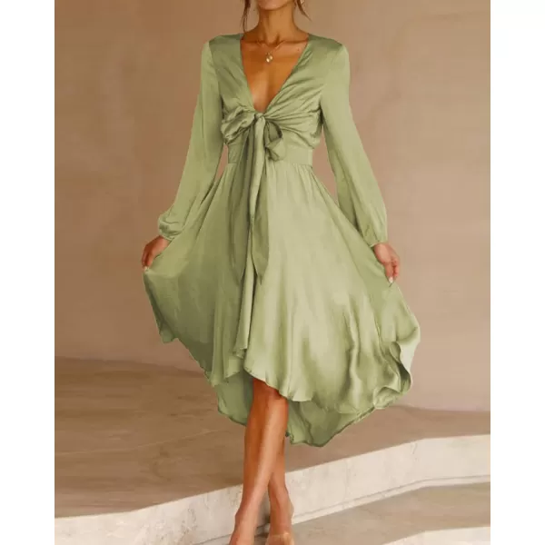 imageBTFBM Womens Satin Deep V Neck Summer Dresses Short Sleeve Tie Front High Waist Flowy Ruffle ALine Midi Cocktail DressLong Solid Tender Green