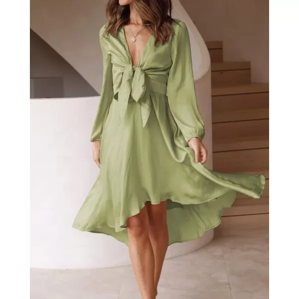 imageBTFBM Womens Satin Deep V Neck Summer Dresses Short Sleeve Tie Front High Waist Flowy Ruffle ALine Midi Cocktail DressLong Solid Tender Green