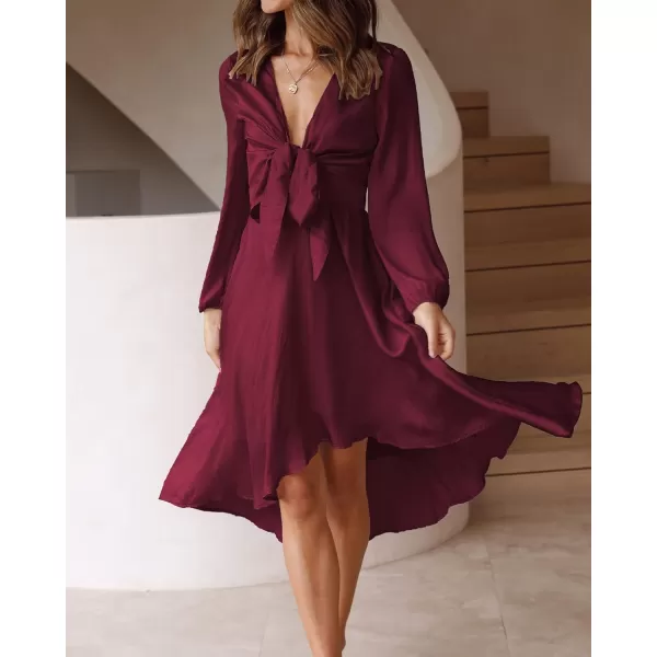 imageBTFBM Womens Satin Deep V Neck Summer Dresses Short Sleeve Tie Front High Waist Flowy Ruffle ALine Midi Cocktail DressLong Solid Wine Red