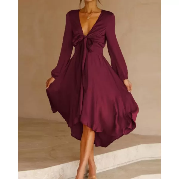 imageBTFBM Womens Satin Deep V Neck Summer Dresses Short Sleeve Tie Front High Waist Flowy Ruffle ALine Midi Cocktail DressLong Solid Wine Red
