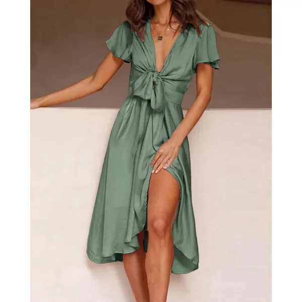 imageBTFBM Womens Satin Deep V Neck Summer Dresses Short Sleeve Tie Front High Waist Flowy Ruffle ALine Midi Cocktail DressSolid Army Green