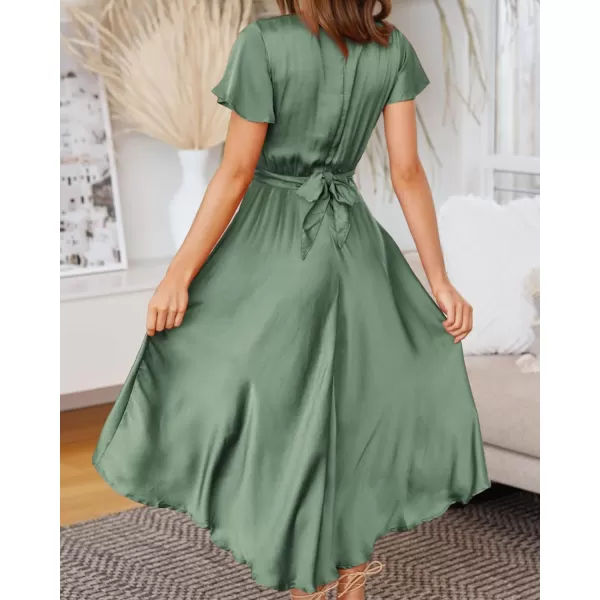 imageBTFBM Womens Satin Deep V Neck Summer Dresses Short Sleeve Tie Front High Waist Flowy Ruffle ALine Midi Cocktail DressSolid Army Green