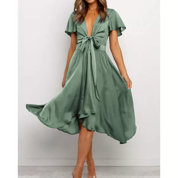 imageBTFBM Womens Satin Deep V Neck Summer Dresses Short Sleeve Tie Front High Waist Flowy Ruffle ALine Midi Cocktail DressSolid Army Green