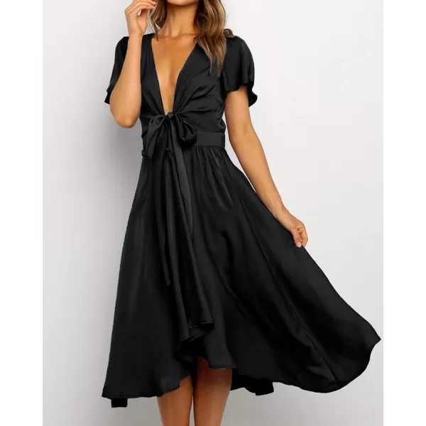 imageBTFBM Womens Satin Deep V Neck Summer Dresses Short Sleeve Tie Front High Waist Flowy Ruffle ALine Midi Cocktail DressSolid Black