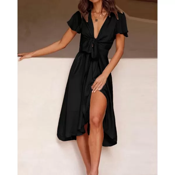 imageBTFBM Womens Satin Deep V Neck Summer Dresses Short Sleeve Tie Front High Waist Flowy Ruffle ALine Midi Cocktail DressSolid Black