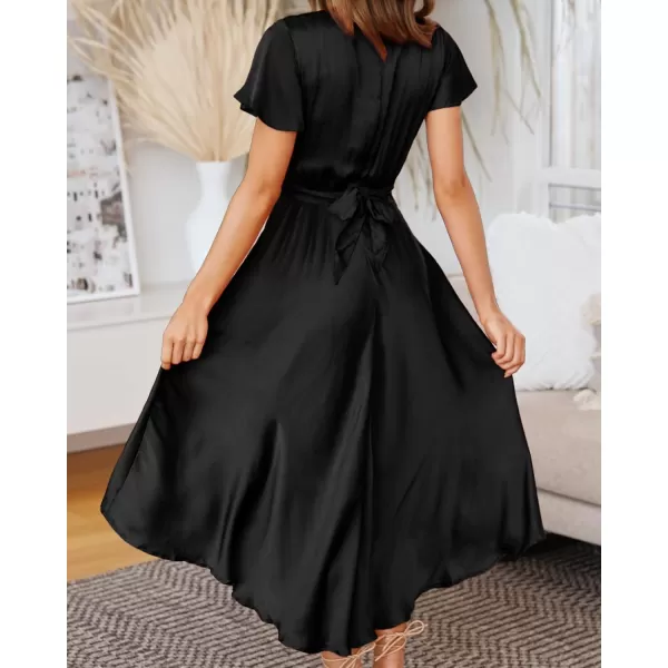 imageBTFBM Womens Satin Deep V Neck Summer Dresses Short Sleeve Tie Front High Waist Flowy Ruffle ALine Midi Cocktail DressSolid Black
