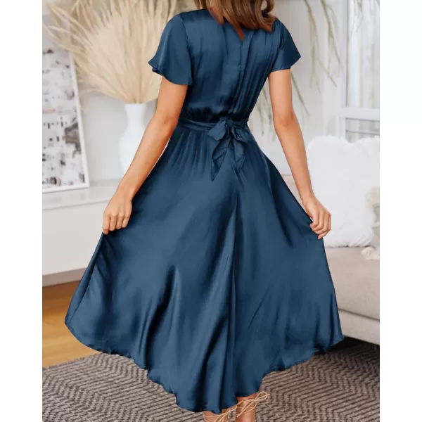 imageBTFBM Womens Satin Deep V Neck Summer Dresses Short Sleeve Tie Front High Waist Flowy Ruffle ALine Midi Cocktail DressSolid Dark Blue