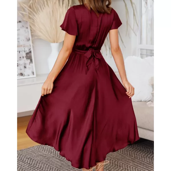 imageBTFBM Womens Satin Deep V Neck Summer Dresses Short Sleeve Tie Front High Waist Flowy Ruffle ALine Midi Cocktail DressSolid Deep Red