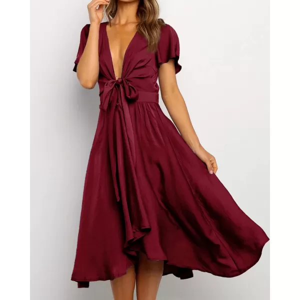 imageBTFBM Womens Satin Deep V Neck Summer Dresses Short Sleeve Tie Front High Waist Flowy Ruffle ALine Midi Cocktail DressSolid Deep Red