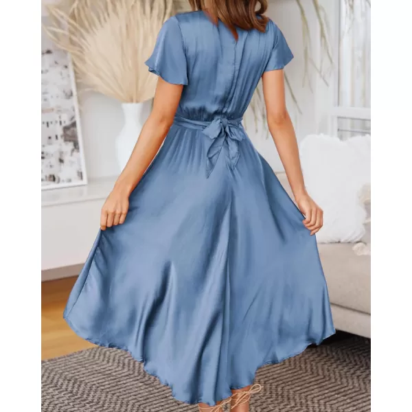 imageBTFBM Womens Satin Deep V Neck Summer Dresses Short Sleeve Tie Front High Waist Flowy Ruffle ALine Midi Cocktail DressSolid Grey Blue