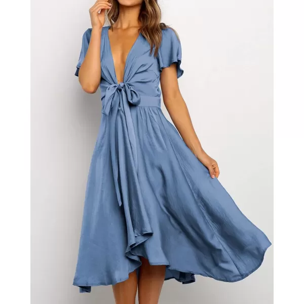 imageBTFBM Womens Satin Deep V Neck Summer Dresses Short Sleeve Tie Front High Waist Flowy Ruffle ALine Midi Cocktail DressSolid Grey Blue