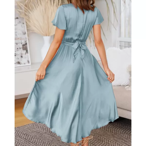 imageBTFBM Womens Satin Deep V Neck Summer Dresses Short Sleeve Tie Front High Waist Flowy Ruffle ALine Midi Cocktail DressSolid Light Blue