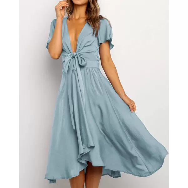 imageBTFBM Womens Satin Deep V Neck Summer Dresses Short Sleeve Tie Front High Waist Flowy Ruffle ALine Midi Cocktail DressSolid Light Blue