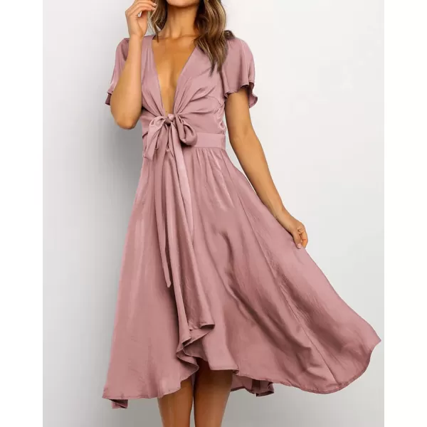 imageBTFBM Womens Satin Deep V Neck Summer Dresses Short Sleeve Tie Front High Waist Flowy Ruffle ALine Midi Cocktail DressSolid Pink