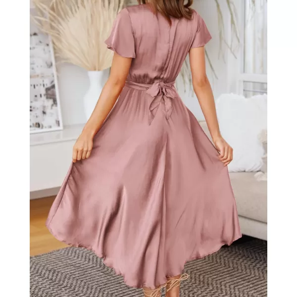imageBTFBM Womens Satin Deep V Neck Summer Dresses Short Sleeve Tie Front High Waist Flowy Ruffle ALine Midi Cocktail DressSolid Pink
