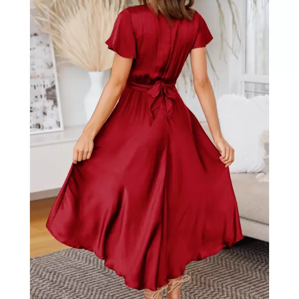imageBTFBM Womens Satin Deep V Neck Summer Dresses Short Sleeve Tie Front High Waist Flowy Ruffle ALine Midi Cocktail DressSolid Red