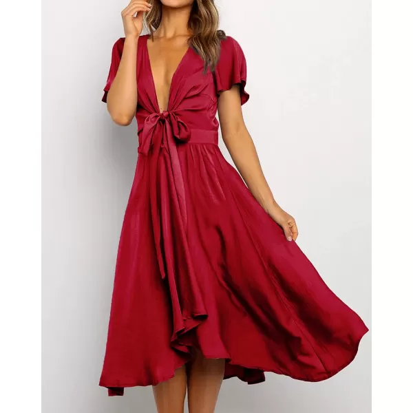 imageBTFBM Womens Satin Deep V Neck Summer Dresses Short Sleeve Tie Front High Waist Flowy Ruffle ALine Midi Cocktail DressSolid Red