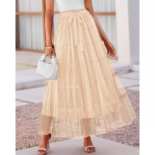 imageBTFBM Womens Skirts Party Cocktail 2024 Summer Fairy Skirt Elastic Waist Ruffle Tiered ALine Belt Tulle Maxi DressesSolid Beige