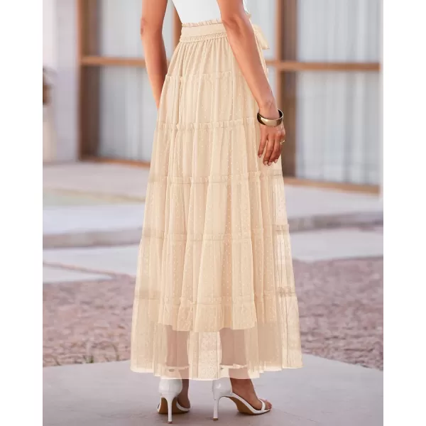 imageBTFBM Womens Skirts Party Cocktail 2024 Summer Fairy Skirt Elastic Waist Ruffle Tiered ALine Belt Tulle Maxi DressesSolid Beige