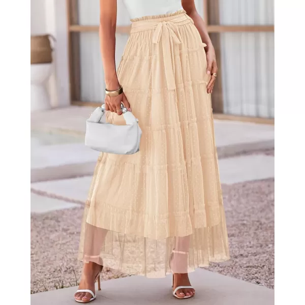 imageBTFBM Womens Skirts Party Cocktail 2024 Summer Fairy Skirt Elastic Waist Ruffle Tiered ALine Belt Tulle Maxi DressesSolid Beige