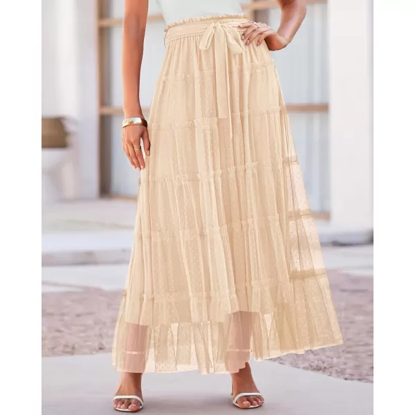 imageBTFBM Womens Skirts Party Cocktail 2024 Summer Fairy Skirt Elastic Waist Ruffle Tiered ALine Belt Tulle Maxi DressesSolid Beige