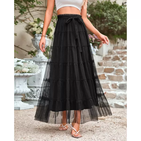 imageBTFBM Womens Skirts Party Cocktail 2024 Summer Fairy Skirt Elastic Waist Ruffle Tiered ALine Belt Tulle Maxi DressesSolid Black