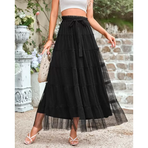 imageBTFBM Womens Skirts Party Cocktail 2024 Summer Fairy Skirt Elastic Waist Ruffle Tiered ALine Belt Tulle Maxi DressesSolid Black