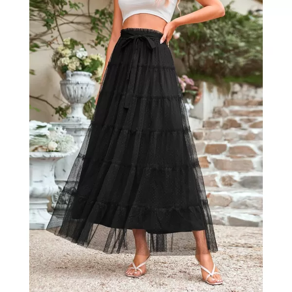 imageBTFBM Womens Skirts Party Cocktail 2024 Summer Fairy Skirt Elastic Waist Ruffle Tiered ALine Belt Tulle Maxi DressesSolid Black
