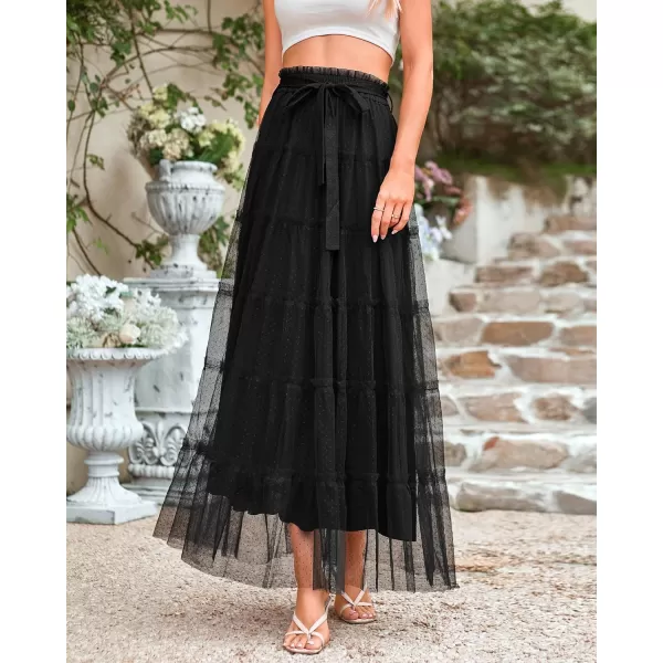 imageBTFBM Womens Skirts Party Cocktail 2024 Summer Fairy Skirt Elastic Waist Ruffle Tiered ALine Belt Tulle Maxi DressesSolid Black