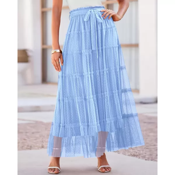 imageBTFBM Womens Skirts Party Cocktail 2024 Summer Fairy Skirt Elastic Waist Ruffle Tiered ALine Belt Tulle Maxi DressesSolid Light Blue