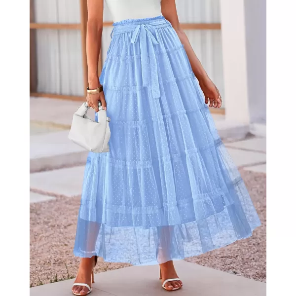 imageBTFBM Womens Skirts Party Cocktail 2024 Summer Fairy Skirt Elastic Waist Ruffle Tiered ALine Belt Tulle Maxi DressesSolid Light Blue